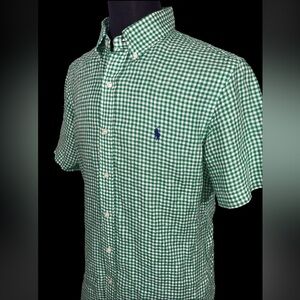 POLO RALPH LAUREN 100% LINEN CHECKERED SHORT SLEEVE BUTTON DOWN SHIRT SZ M